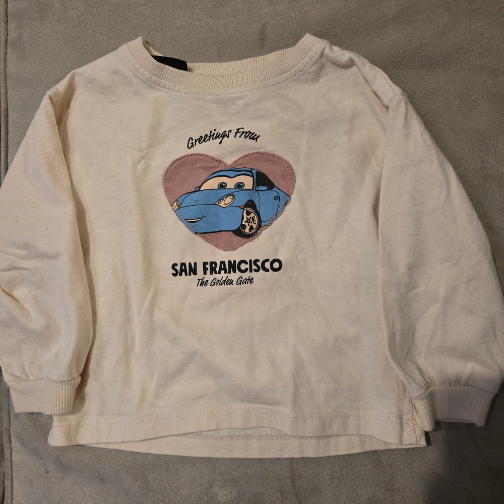 Zara Cream Long-Sleeve Top with Blue Car Graphic